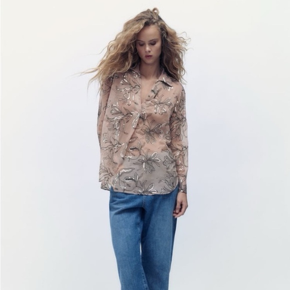 Zara Sz S Floral Embroidered Semi Sheet Oversized Sequin Blouse Nude Pullover